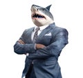 Serious looking shark businessman with crossed arms, half body corporate portrait isolated on white. Generative AI Royalty Free Stock Photo