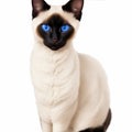 a serious looking Siamese cat on a white background