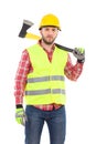 Serious lumberjack with an axe on the shoulder