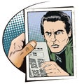 Serious male. Man is reading newspaper. Stock illustration.