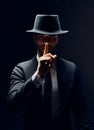 Serious man in black suit and hat keeps finger on lips, making hush gesture and keep conspiracy isolated on dark background Royalty Free Stock Photo