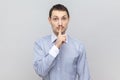 Serious man with finger near lips, showing shh gesture, asking to keep silence during lesson. Royalty Free Stock Photo