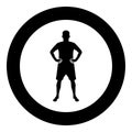 Serious man holding hands on belt confidence concept silhouette manager business icon black color vector in circle round