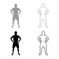 Serious man holding hands on belt confidence concept silhouette manager business icon set grey black color illustration outline