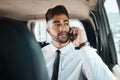 Serious man, phone call and travel in business car for connection, mobile networking and journey. Indian male worker Royalty Free Stock Photo