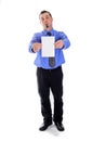 Serious man in shirt and tie holding blank card Royalty Free Stock Photo