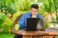 Businessman drinking coffee and reading news using laptop in his garden Royalty Free Stock Photo