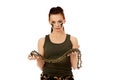 Serious military woman with bullet belt Royalty Free Stock Photo