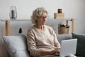 Elderly woman in glasses working on laptop sitting on couch