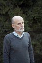 Serious and pensive bald elderly man with a gray beard in a jumper