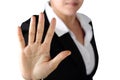 Serious politician woman shows stop sign talk to hand gesture Royalty Free Stock Photo