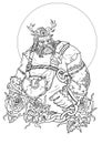 Serious powerful dwarf warrior with horns and chains, strong man with large hands and tattoos, northern viking.