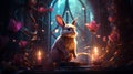 Serious rabbit on antique desk illuminated by burning candles, creating a dramatic ambiance