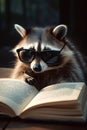 Serious raccoon reading a book. Wildlife animal, education, learning concept