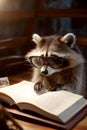 Serious raccoon reading a book. Wildlife animal, education, learning concept