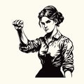 A serious retro looking woman shows a clenched fist. Vector black retro engraved illustration of protest