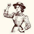 A serious retro looking woman shows a clenched fist. Vector black retro engraved illustration of protest