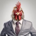 Serious rooster wearing business suit and tie, half body standing corporate portrait. Realistic generative AI illustration