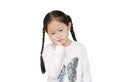 Serious and sad Asian little child girl with posture her hand on cheek isolated over white background Royalty Free Stock Photo