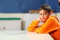 Serious school boy 10 deep thought in classroom Royalty Free Stock Photo