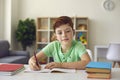 Serious schoolboy looking at camera during online conference with teacher and taking notes. Child studying from home Royalty Free Stock Photo