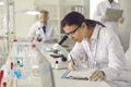 Scientist in lab coat, goggles and gloves looking in microscope and taking notes Royalty Free Stock Photo
