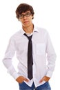 Serious teenager in black glasses