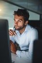 Serious, thinking and businessman with pen by computer for email, internet and working late in office for corporate Royalty Free Stock Photo