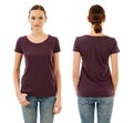 Serious woman with blank dark purple shirt