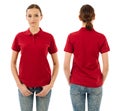 Serious woman with blank red polo shirt Royalty Free Stock Photo