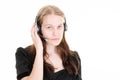 Serious woman in call center cheerful support phone operator portrait in phone headset