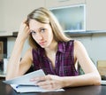 Serious woman with documents in kitchen Royalty Free Stock Photo