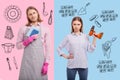 Serious woman with electronic screwdriver and housewife man Royalty Free Stock Photo