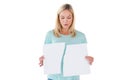 Serious woman holding torn sheet of paper