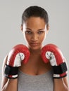 Serious woman, portrait and professional boxer ready for fight or competition against a gray studio background. Female Royalty Free Stock Photo