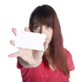 Serious Woman Showing Empty White Small Card