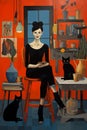 Full body portrait of a female artist dressed in black at home with cats