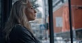 Business woman waiting ride in city background with skyscraper or office. Royalty Free Stock Photo