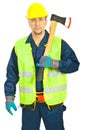 Serious workman holding axe