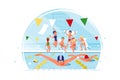 Serious young boy swimming competition on happy kids background.