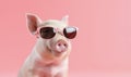 Young cool pig wearing sunglasses isolated on solid pink background. Generative AI