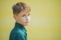 Serious young man in a blue shirt on a yellow background Royalty Free Stock Photo