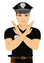 Serious young policeman making X sign shape with his arms and hands