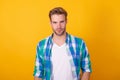 Seriously handsome. Regular guy portrait. Handsome guy yellow background. Young man Royalty Free Stock Photo