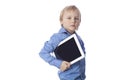 Isolated seriously boy with touch pad