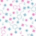 Serotonin and dopamine molecules and flowers seamless pattern