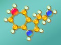 Serotonin molecule. Illustration structure from gold jewelry.