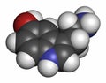 Serotonin neurotransmitter molecule. 3D rendering. Atoms are represented as spheres with conventional color coding: hydrogen (