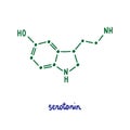 Serotonine hand drawn vector formula chemical structure lettering blue green