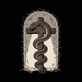 Serpent Coiled Around Wooden Cross in Archway Royalty Free Stock Photo